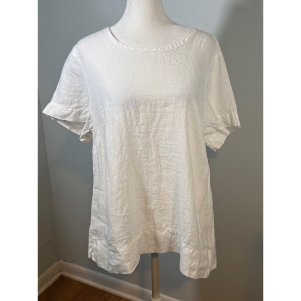FLAX I Am Forever Young Linen Top S White NWT Short Sleeve Side Slits Lithuania